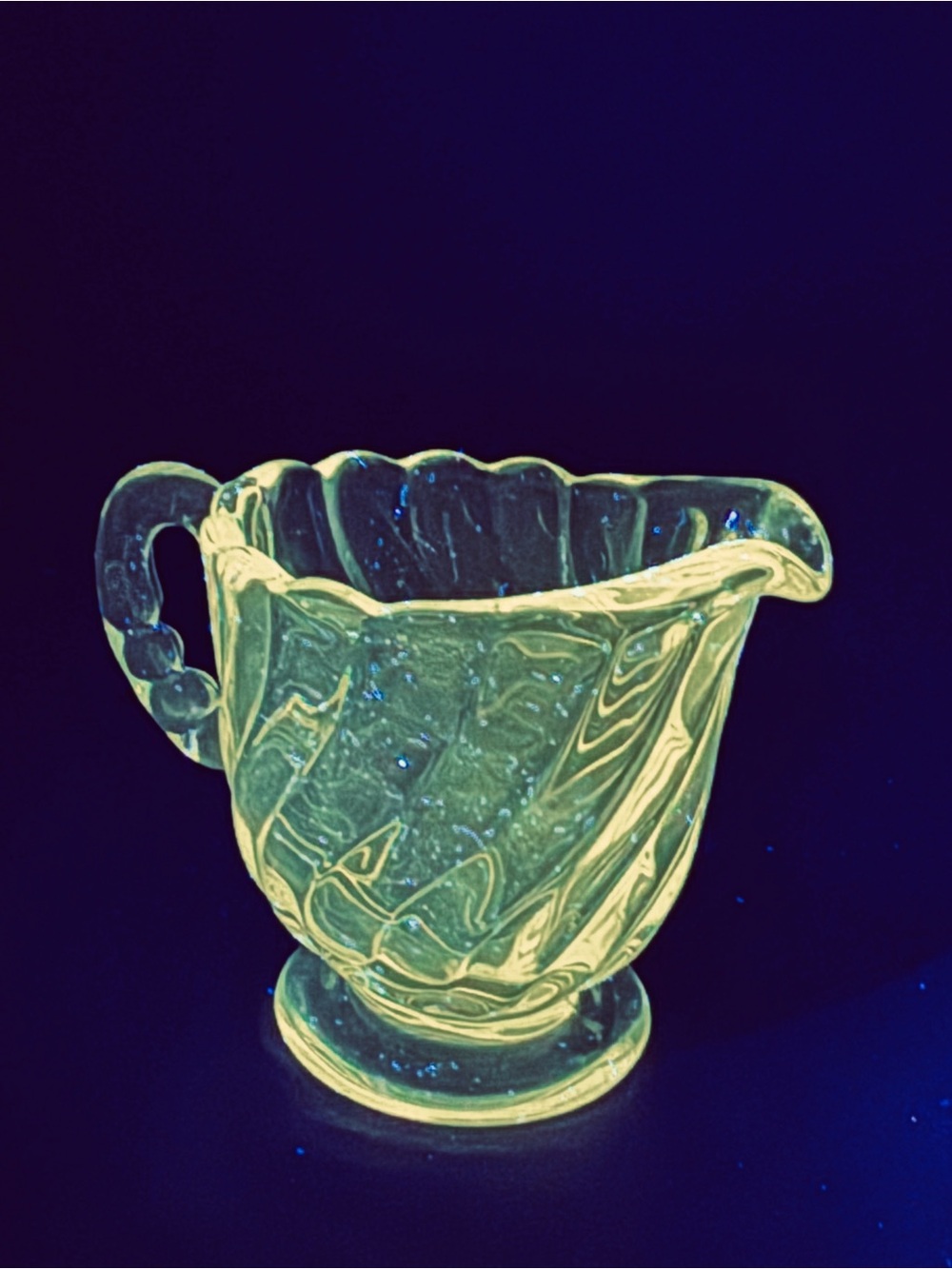 Vintage UV Manganese Glow Glass Creamer Pitcher with Swirl Design